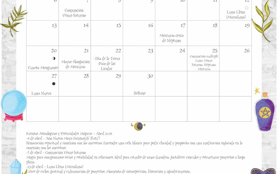 Calendario Witchy del mes, con fechas especiales